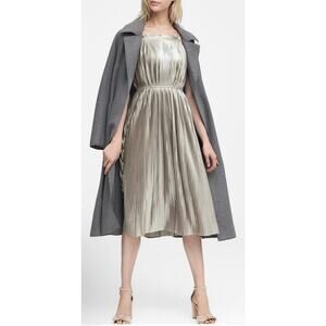 Banana Republic Dress Womens 0P Silver Metallic Pleated Midi Slip Fit & Flare
